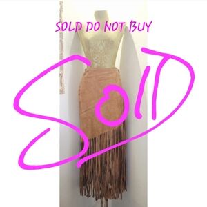 Vintage Marie Claire Tan Suede Leather Fringe Maxi Skirt Boho Western Festival